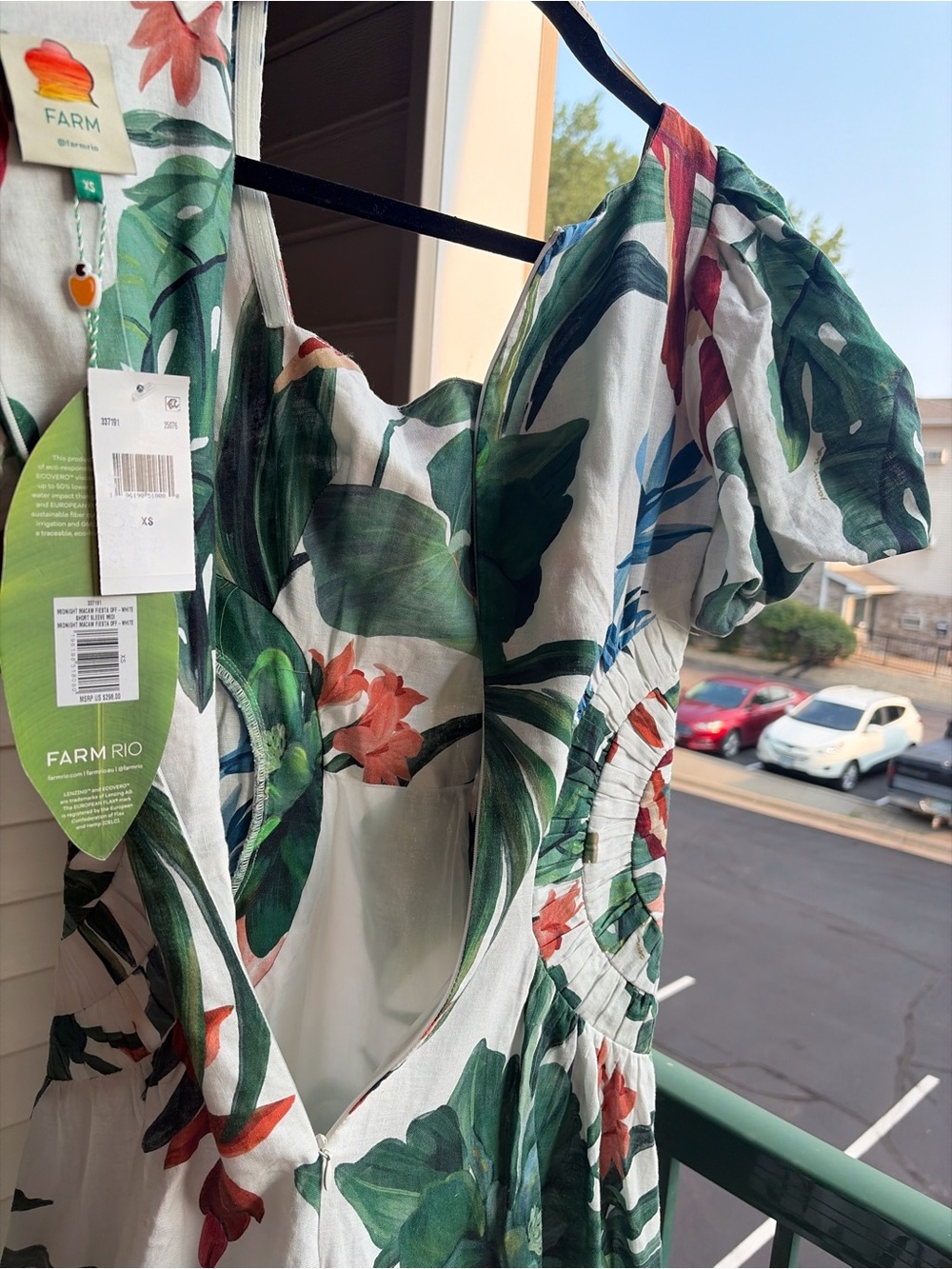 🆕🌿🦜FARM Rio OffWhite Midnight Macaw Fiesta Linen Puff Sleeve Midi Dress XS Party - Picture 13 of 17